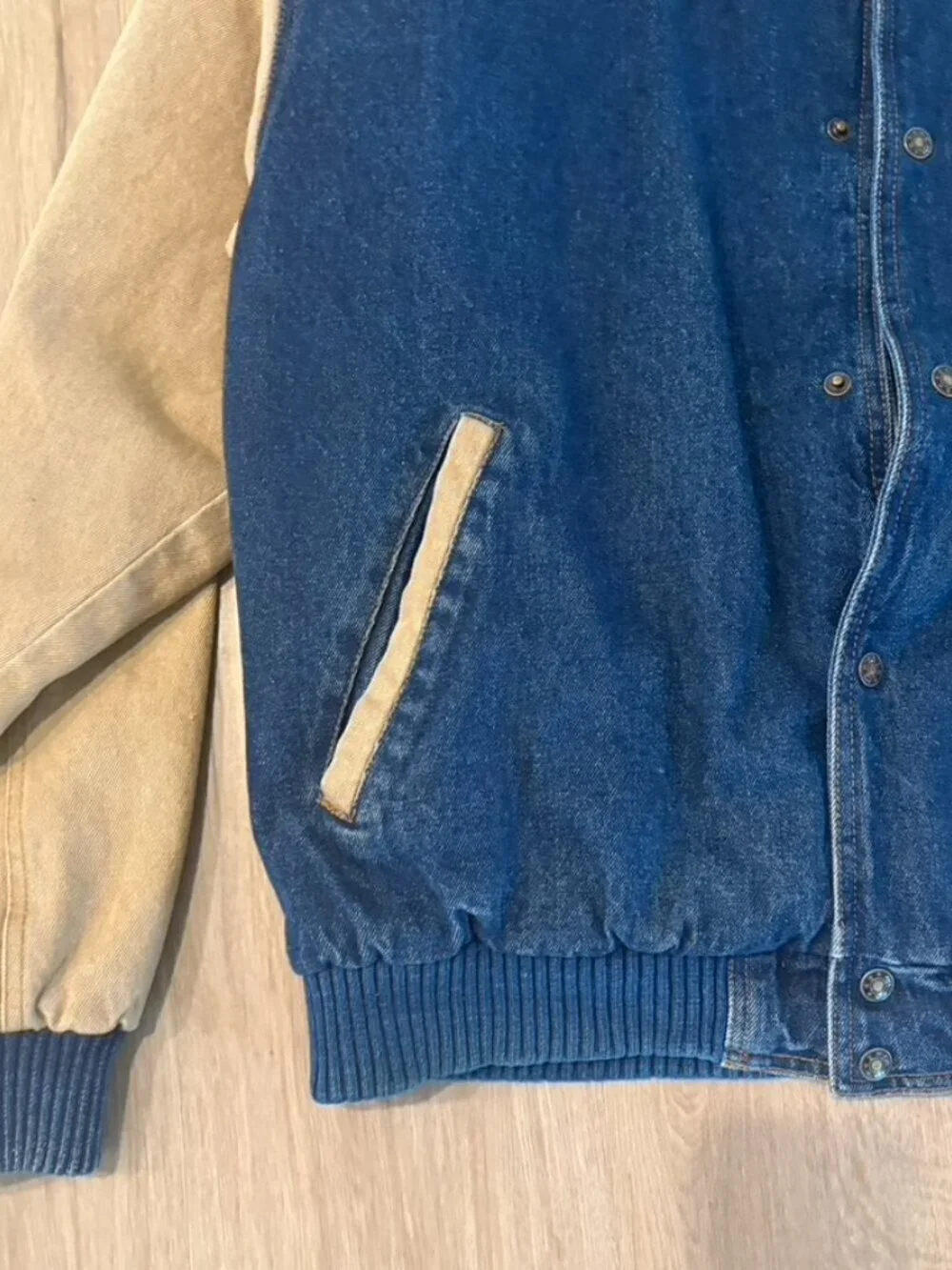 VTG Caterpillar CAT Turning Point Jacket Mens XL Stadium Bomber Blue Denim Lined